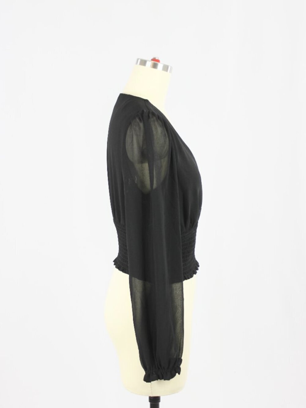 Aritzia WILFRED Wistful Black Chiffon Smocked Puff Sleeve V-Neck Blouse, Size S - Picture 2 of 14